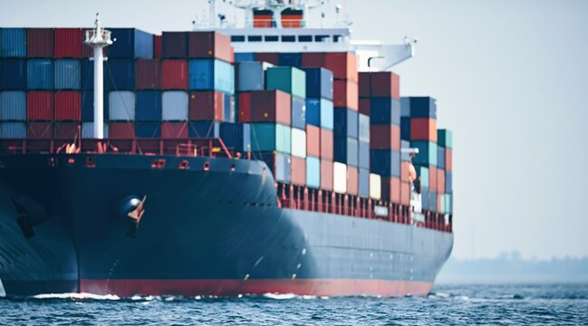 Large container ship carrying multicolored cargo on sea