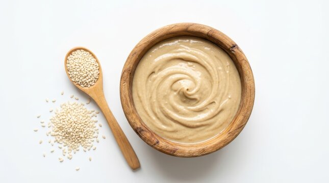 Tahini paste in a wooden bowl with sesame seeds on a spoon isolated on white background