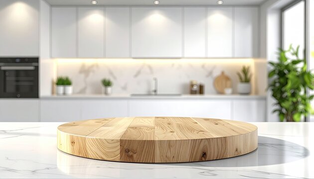 Modern Kitchen Countertop with Wooden Cutting Board and Blurred Background.