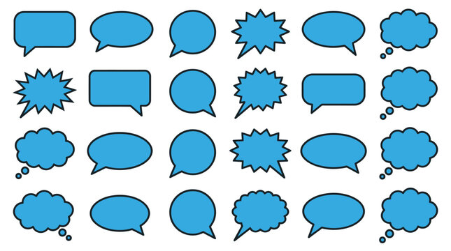 Collection of blue speech bubbles and thought clouds with black outlines arranged in a grid pattern against a white background.