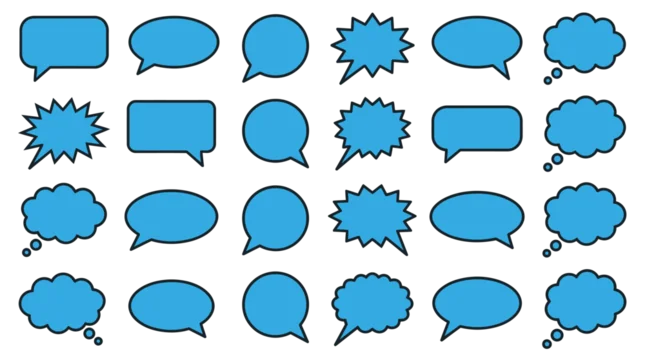 Collection of blue speech bubbles and thought clouds with black outlines arranged in a grid pattern against a white background.