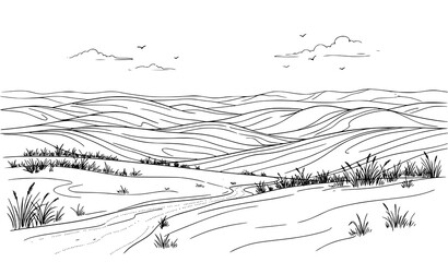 Minimalist Meadow and Grassland Hills Countryside Panorama Vector Line Art Landscape © MdSidur