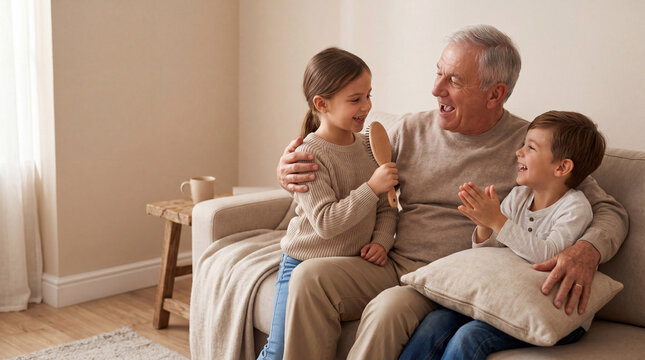 Grandfather and Grandchildren Singing Together at Home