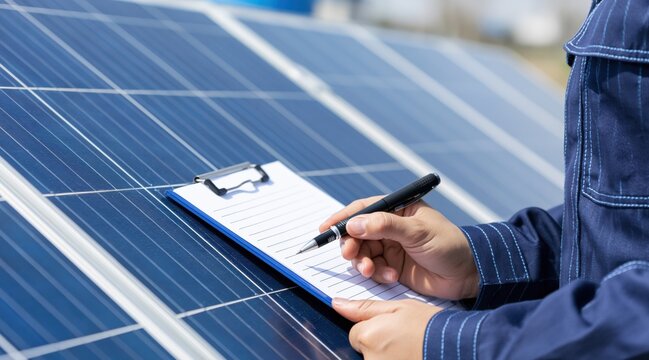 Technician checking solar panels and writing on clipboard