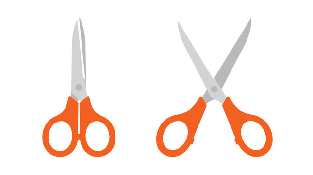 Two orange handled scissors shown with one pair closed and the other pair open on a white background