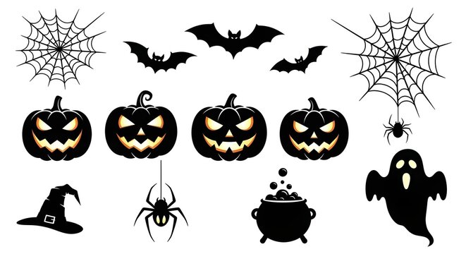 Halloween vector icon set with pumpkins, spider webs, bats, ghost, witch hat, and cauldron