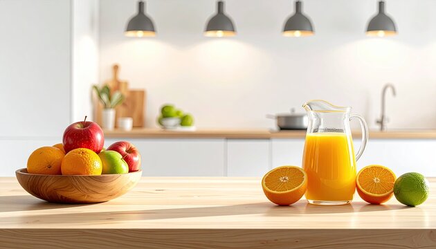 Fresh Orange Juice and Fruits on Kitchen Countertop.