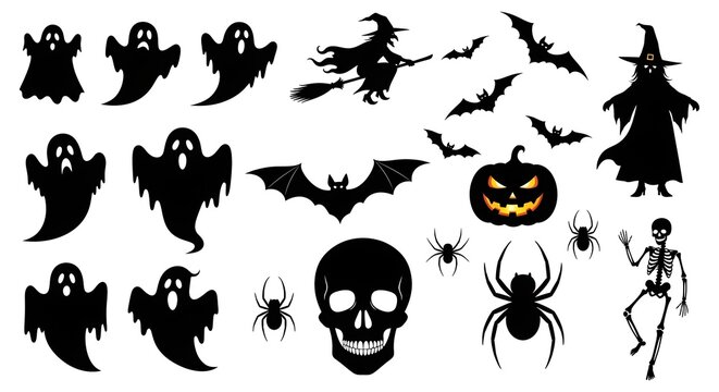 Set of halloween silhouettes featuring ghosts, bats, a witch on a broomstick, a jackolantern, spiders, and a skeleton isolated on white background