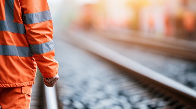 Railway worker in high visibility orange safety jacket standing by tracks