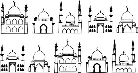 Set of ten different mosque building with domes and minarets in black and white line for islamic religious themes © Template store 