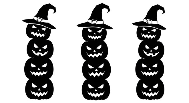 Set of three stacks of spooky halloween pumpkins with witch hats isolated on white background
