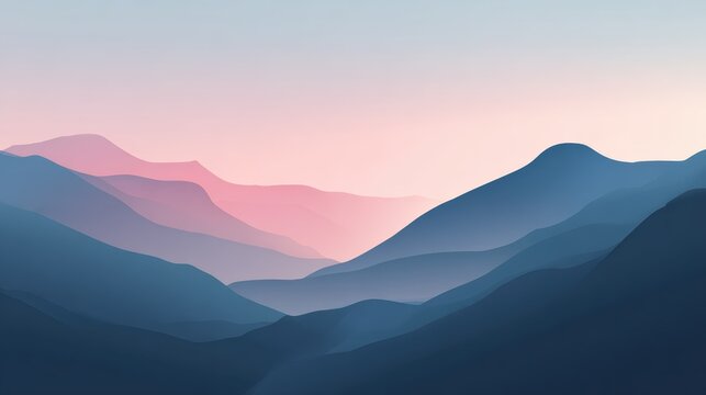 Soft pink sunrise illuminates layered mountain silhouettes in a peaceful minimalist landscape designed with dreamy atmospheric gradients.