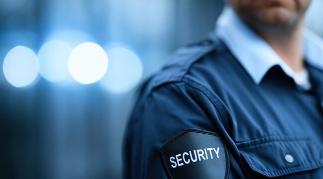 security guard in blue uniform with patch on sleeve