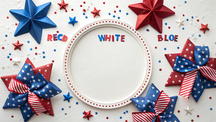 Obraz premium Patriotic 4th of July Flat Lay with White Plate Copy Space and Red, White, and Blue Star Decorations
