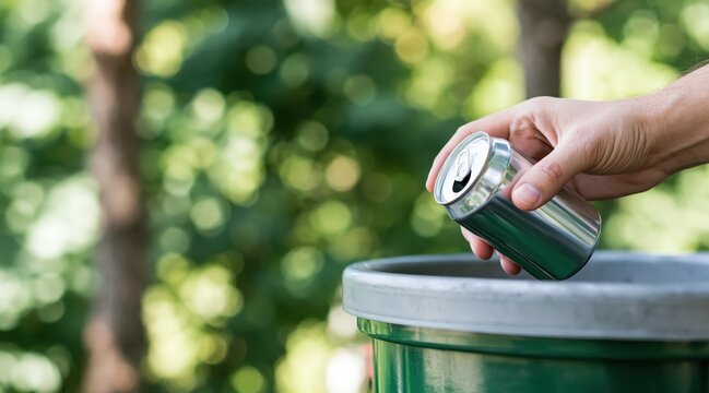 hand throwing aluminum can into recycling bin on green bokeh background