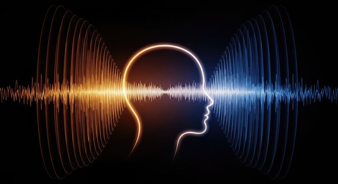 Conceptual depiction of brain waves and human mind activity in a dark background.