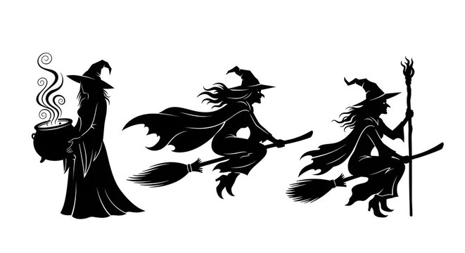 Set of three black witch silhouettes isolated on white background