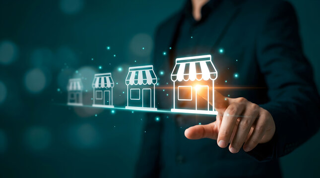 Businessman touching holographic store icons to expand franchise business growth, increase retail branch locations, and develop corporate entrepreneurship