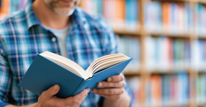 Close up of man holding open book in library