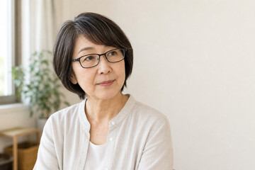 Fototapeta premium 黒縁眼鏡と白い服のショートボブ大人女性
