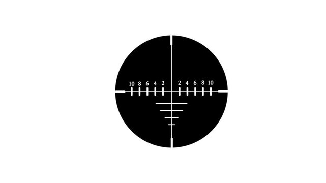 Sniper scope reticular animation for target aiming and alignment. Cross hair sight indicator with distance and scale markings. Precision aiming display element for weapon and optics systems