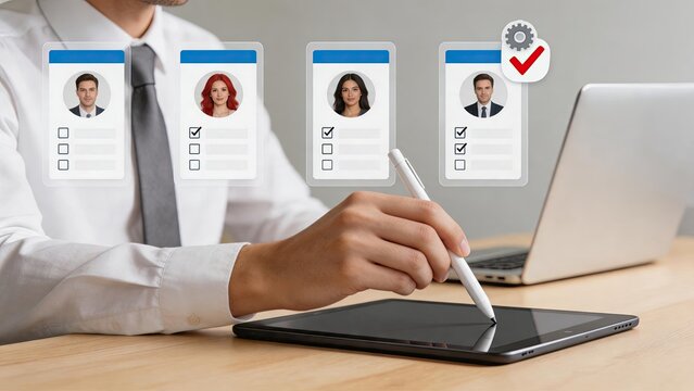 Human resources manager using digital tablet to select job candidates from virtual profile cards, recruitment process