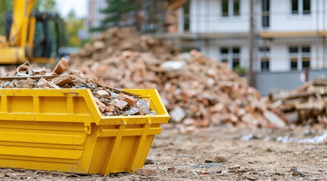 Yellow construction waste skip full of brick rubble at demolition site