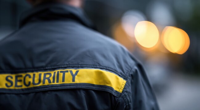 Back view of security guard in uniform with yellow patch on jacket