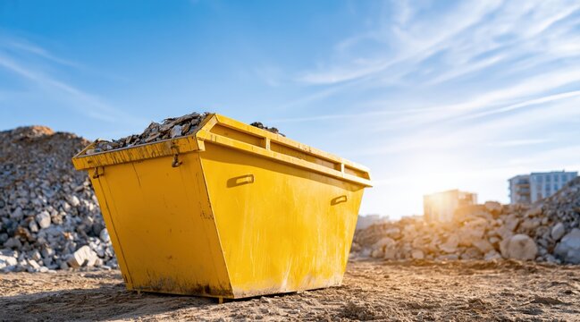 Yellow waste container with rubble on construction site