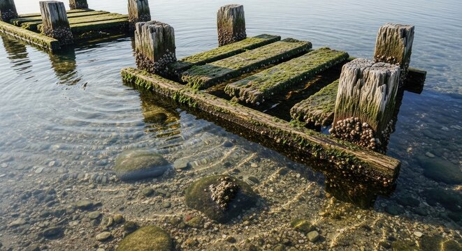 Weathered Wooden Dock in Tranquil Waters with Moss and Algae.