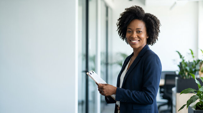 Confident Black businesswoman holding clipboard in modern office