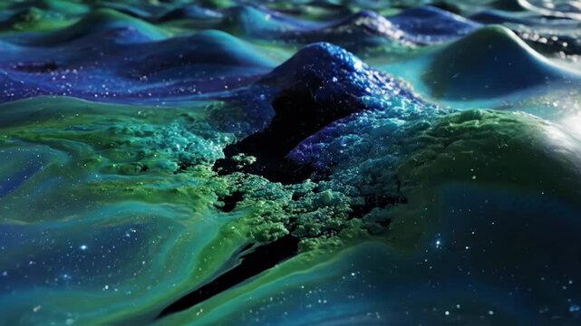 Abstract fluid background with glowing particles and wavy surface, 3d render of a futuristic landscape with blue and green liquid textures and sparkling light effects
