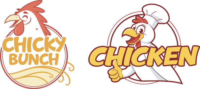 Set of vector chicken logo designs featuring cartoon mascot characters for fast food restaurant branding.