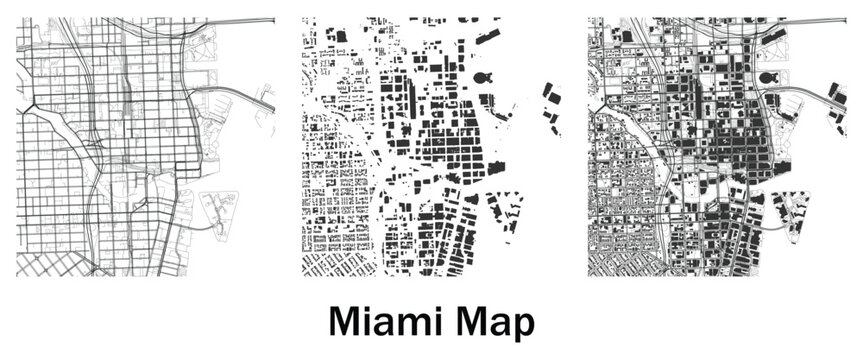 Miami City Map Set, Black and White Urban Street Grid Collection, Miami Downtown Cartography Vector Illustration