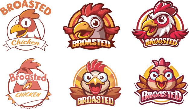 Various colorful chicken head illustrations for restaurant logos with broasted and chicken lettering.