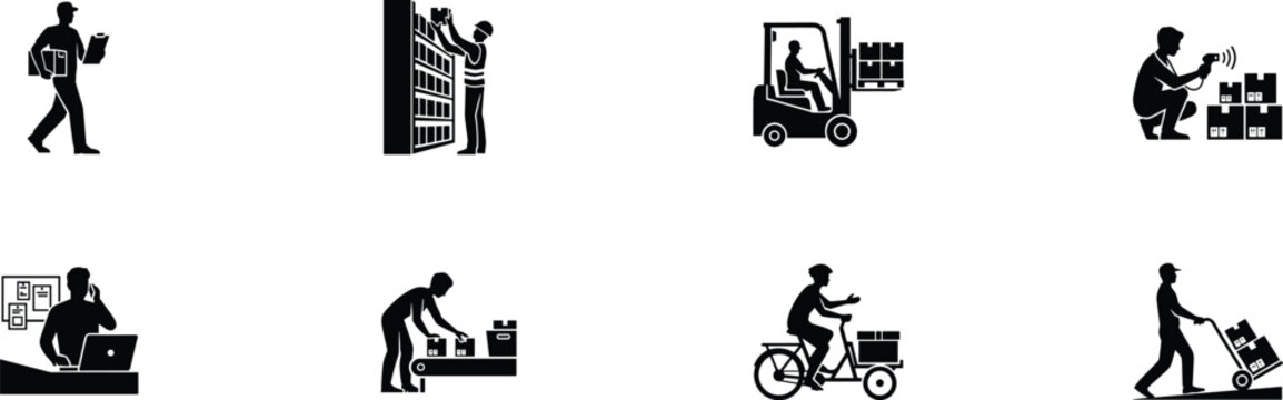Warehouse Logistics and Delivery Worker Silhouette Set Featuring Inventory Control, Forklift Operations and Package Transportation