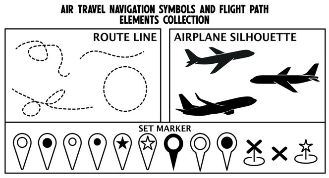 Travel map elements set with airplane silhouettes, dashed route lines, and map pin markers location pointers vector illustration isolated on white background