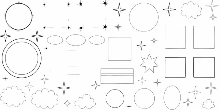 Minimalist thin line vector shapes featuring circles squares stars and cloud outlines on white abstract