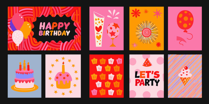 Collection of ten flat vector birthday illustrations with balloons cakes and party hats celebration cake
