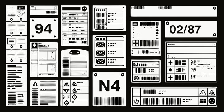Shipping label collection monochromatic vector illustration with barcodes and alphanumeric identifiers barcode identification labels packaging