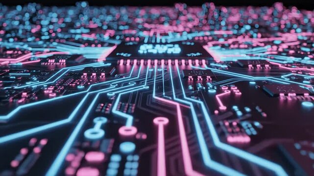 Closeup of a futuristic computer circuit board with glowing pink and blue light paths representing data flow and processing