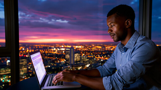 Silhouette of smiling, clean cut thoughtful black, African-American male professional working on a laptop against dusk city skyscraper vista