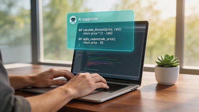 Modern programmer using AI coding assistant, software development with artificial intelligence suggestions for code optimization and automation in tech industry.