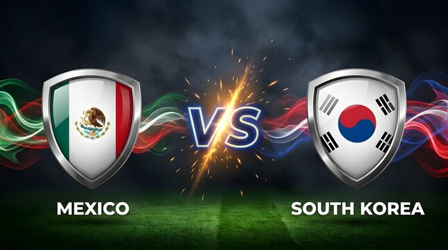 Mexico vs south korea match concept, football tournament, national flags in shields, sports background with stadium grass and light effects