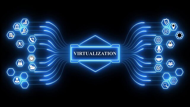 Enterprise cloud dashboard powered by Virtualization interface with secure infrastructure monitoring and advanced digital analytics platform.4k digital animation video,..