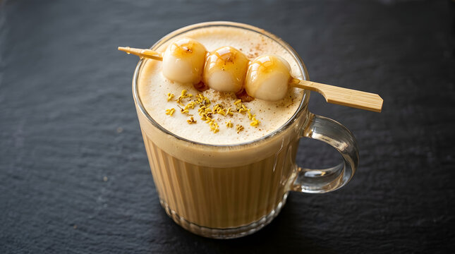 Festive Japanese Tsukimi Moon Viewing Mitarashi Dango Coffee Latte Topped with Sweet Mochi Skewer Food Styling