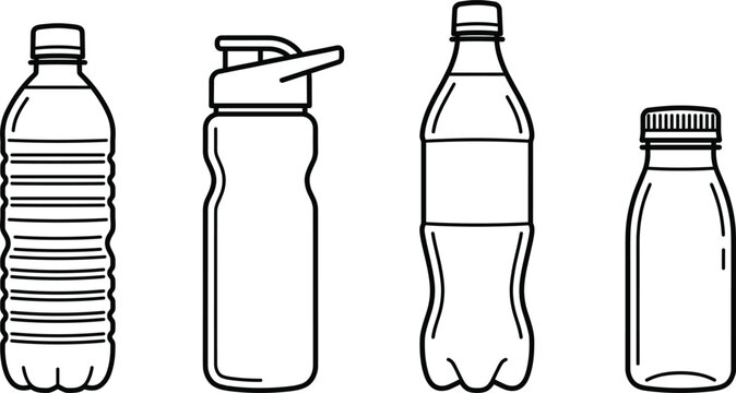 Plastic water bottle vector icon set with reusable sports shaker and beverage container linear art illustrations