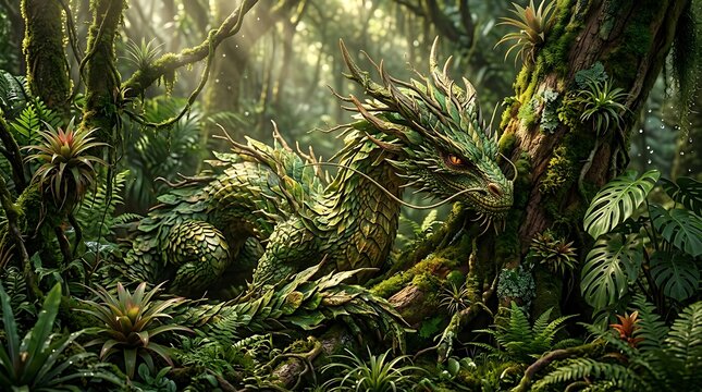 Beautiful dragon with leaf scales hidden in a lush green jungle