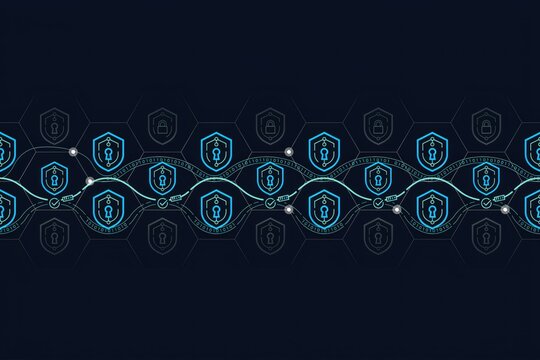 Digital security pattern with repeating shield containing keyholes connected by flowing data lines and binary code on a dark blue background