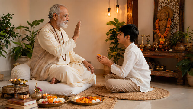 Guru purnima teacher blessing young student in home shrine for hindu relegious festival devotion respect flowers lamps and sacred learning